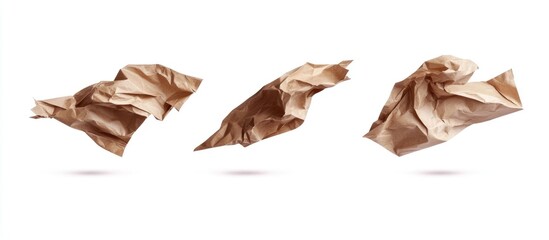Poster - Crumpled brown paper sheets floating in mid-air with shadows and white background Copy Space