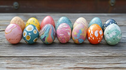 Wall Mural - Vibrant Assorted Easter Eggs in Various Designs Arranged on Weathered Wooden Surface with Soft Natural Lighting