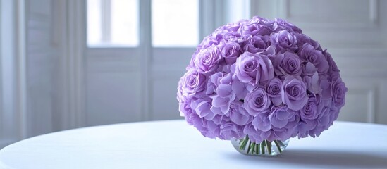 Poster - purple rose bouquet in glass vase on white table with natural light and neutral background copy spac
