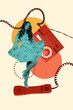© deagreez - Poster image vertical photo collage of happy girl dance retro telephone handset telecommunication speech wear glamour dress