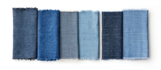 Poster - Denim fabric swatches in various shades of blue arranged horizontally on a white background with Copy Space for text.