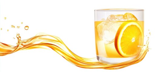 Refreshing orange juice in a glass with ice and orange slice isolated on white background with Copy Space for text