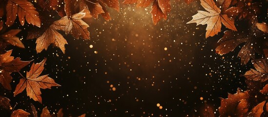 Poster - Autumnal background with rich orange and brown fallen leaves creating a warm glow and sparkling bokeh effects in a dark space for text insertion