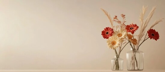 Poster - Glass vases with mixed flowers including gerbera daisies and dried elements on neutral background with copy space