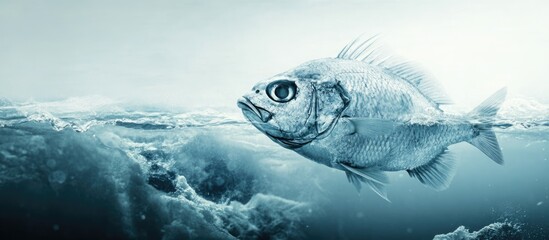 Poster - Underwater scene featuring a fish swimming near the water surface with sunlight filtering through, Copy Space for text placement.