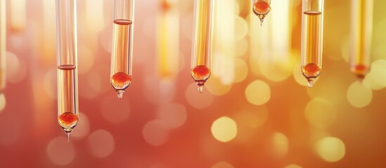 Poster - Colorful liquid droplets in glass pipettes with blurred golden background and bokeh effect featuring ample copy space