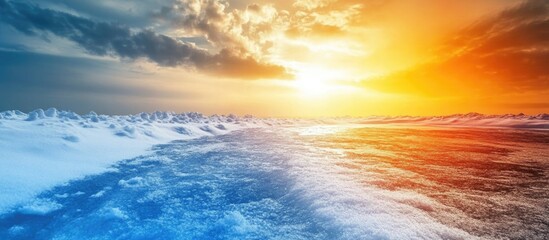 Poster - Vibrant sunset over ocean waves with dramatic clouds and reflective water surface Copy Space