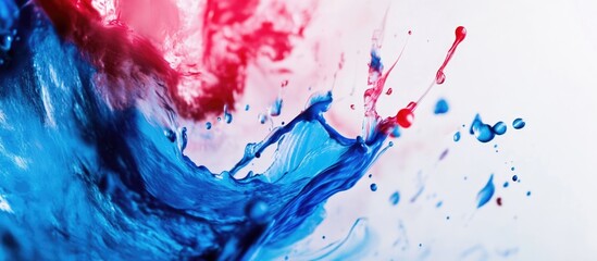 Poster - Abstract explosion of red and blue paint with splashes and fluid wave motion on white background Copy Space