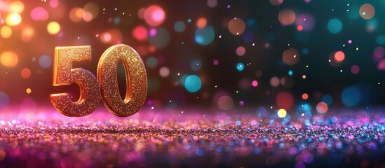 Poster - Glittering 50 number on colorful bokeh background with copy space for celebration or anniversary theme