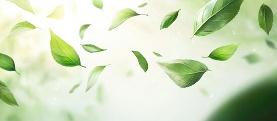 Poster - Green leaves floating with a soft light background and copy space for text insertion
