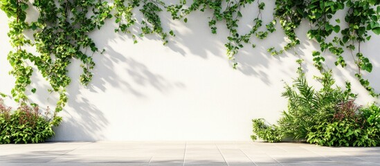 Poster - Greenery covered white wall with shadows and plants on ground providing ample copy space for text or design elements.