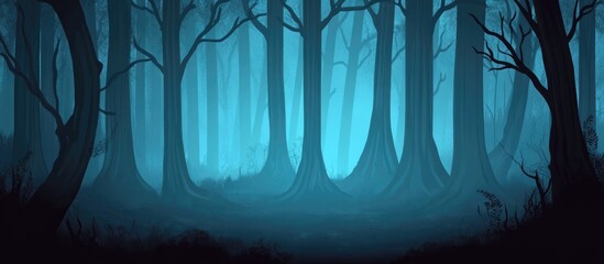Poster - Misty blue forest landscape with tall trees and fog atmospheric background with copy space for text