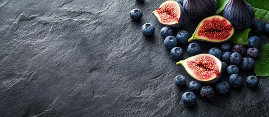 Poster - Fresh figs and blueberries arranged on a black stone surface with green leaves and copy space for text