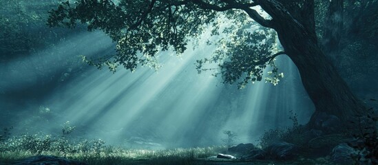 Poster - Misty forest scene with sunlight rays filtering through trees and soft shadows on the ground Copy Space