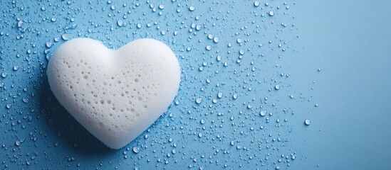 Poster - White heart-shaped sponge on a blue background with water droplets and copy space for text