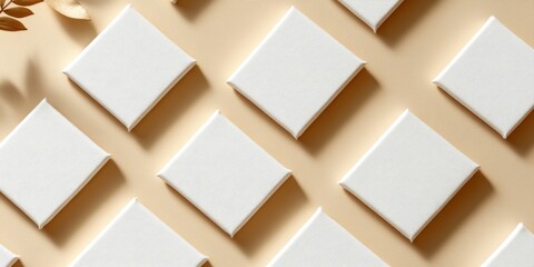Poster - White blank canvases arranged in a grid pattern on a beige background with copy space for text or branding elements