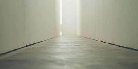 Poster - Narrow corridor with white walls and light at the end creating depth perspective Copy Space