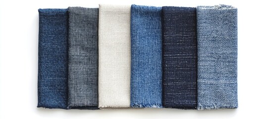 Poster - Variety of denim fabric swatches in different shades of blue arranged horizontally on white background with Copy Space