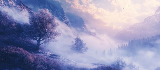 Poster - Foggy landscape with trees and mountains under a pastel sky at dawn featuring reflective water and ample copy space
