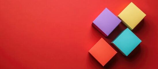 Poster - Colorful geometric blocks arranged on a bright red background with ample copy space for text placement