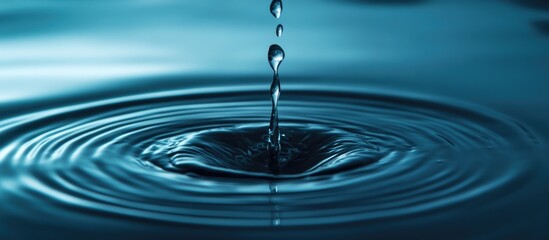 Poster - Water droplet creating ripples in calm blue water surface on dark background with Copy Space