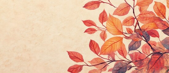 Poster - Colorful autumn leaves in warm tones of orange and red against a soft beige background with ample space for text and design elements.