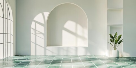 Poster - Interior of modern empty room with green tiled floor and arch window casting shadows against white walls Copy Space