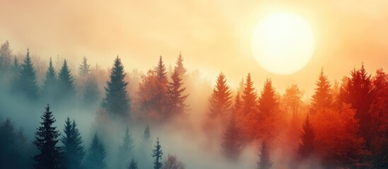 Poster - Foggy forest landscape at sunset with vibrant colors and soft light, featuring tall evergreen trees and copy space for text.
