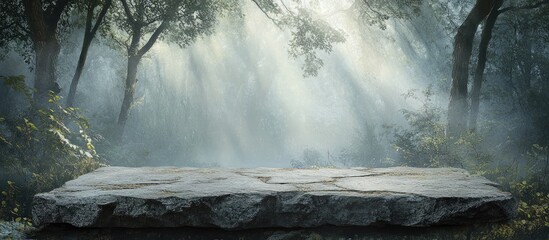 Poster - Stone platform in a misty forest with soft light beams filtering through trees and ample copy space for text or graphics