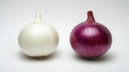 Poster - Isolated of red and white onions arranged side by side for a striking contrast Stock Photo with side copy space