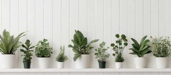 Poster - Indoor garden with various potted plants on a white shelf against a textured wall Copy Space