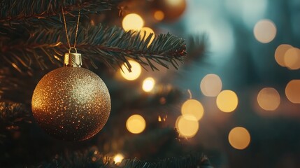 Poster - Close up view of golden glittery bauble on Christmas tree with blurred bokeh lights in warm hues creating a festive holiday atmosphere with space for text