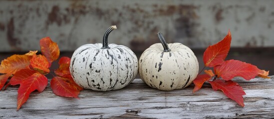 Poster - Rustic autumn scene with two speckled pumpkins on aged wood surrounded by vibrant red leaves and ample negative space for creative text.