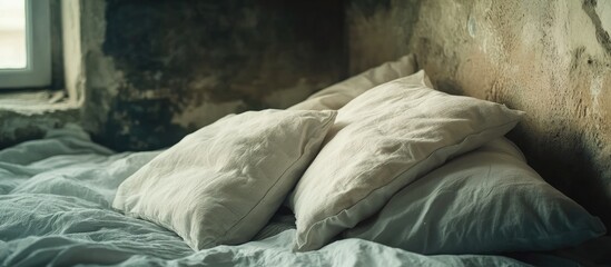 Poster - Worn bed with white pillows on rumpled bedding in a distressed bedroom setting with peeling wall paint and natural light in background. Copy Space