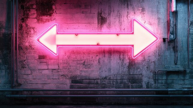 A glowing pink and white one-way arrow neon sign hanging on an industrial-style concrete wall