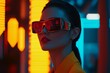 © Mark - A woman wearing AR augmented reality glasses in an office setting