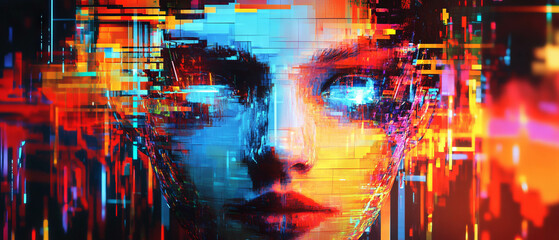 Poster - glitch effect artwork featuring distorted faces and vibrant digital noise