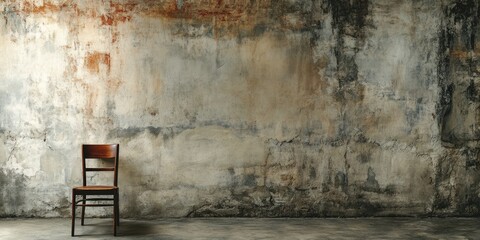 Poster - Wooden chair against a weathered concrete wall with peeling paint and texture Copy Space for text placement