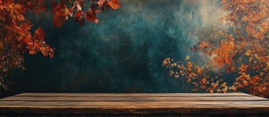 Poster - Rustic Wooden Table Surrounded by Vibrant Autumn Maple Leaves Against a Soft Blue and Orange Background with Space for Text Display