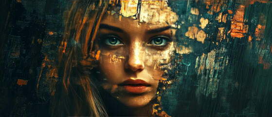 Poster - portrait with glitch effect showcasing distorted face and digital error intricacies