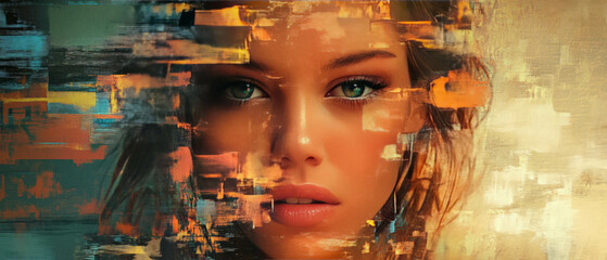 Poster - glitch effect creates a distorted portrait of a human face in digital art