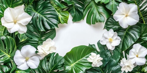Poster - Tropical foliage and white flowers frame with blank copy space for text or design elements