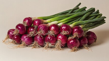 Poster - Isolated of a stack of onions with roots visible for an organic and fresh look Stock Photo with side copy space