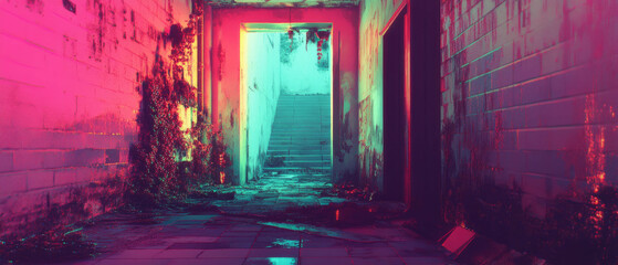 Poster - Glitchy corridor with rgb shift colors and distortion effects captured in an urban setting