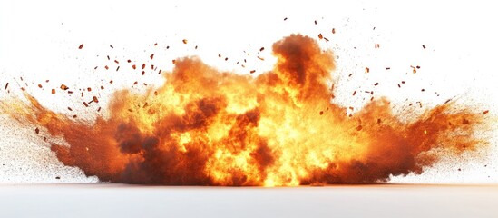 Aufkleber - Explosion in bright orange and yellow tones against a white background with debris scattering, featuring Copy Space for text placement