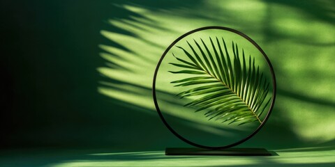 Poster - Greenery Display with Palm Leaf in Circular Frame Casting Shadows on Textured Background Copy Space