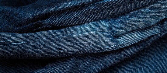 Poster - Close-up of folded blue denim fabric texture with detailed stitching and slight color variations Copy Space
