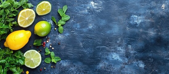 Poster - Fresh citrus fruits and herbs on a dark stone background with copy space for text and design elements