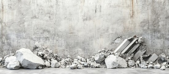 Poster - Concrete debris and rubble against an aged gray wall with textured surface and copy space for text placement