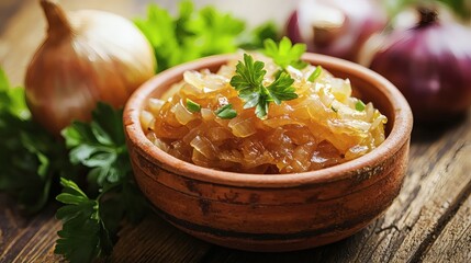 Poster - Isolated of caramelized onions served in a small dish with a rich golden color Stock Photo with side copy space